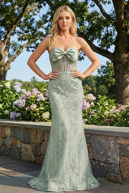 Strapless Lace Mermaid Prom Dress with Statement Bow | Sevoba