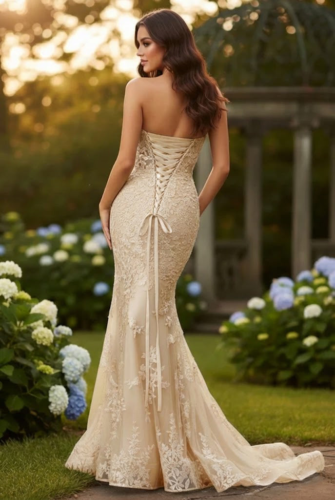 Strapless Lace Mermaid Prom Dress with Bow Detail & Corset Back | Sevoba