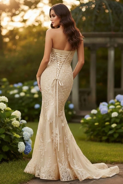 Strapless Lace Mermaid Prom Dress with Bow Detail & Corset Back | Sevoba