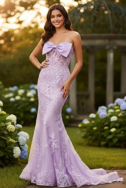 Strapless Lace Mermaid Prom Dress with Bow Detail & Corset Back | Sevoba