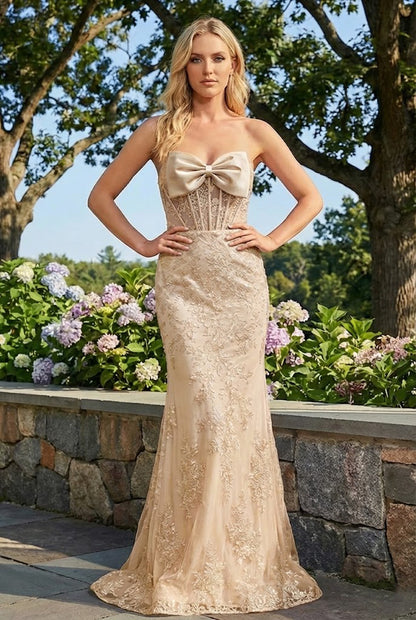 Strapless Lace Mermaid Prom Dress with Statement Bow | Sevoba