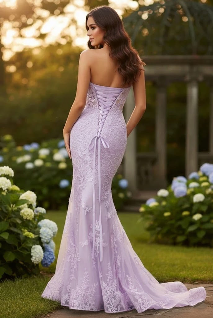 Strapless Lace Mermaid Prom Dress with Bow Detail & Corset Back | Sevoba