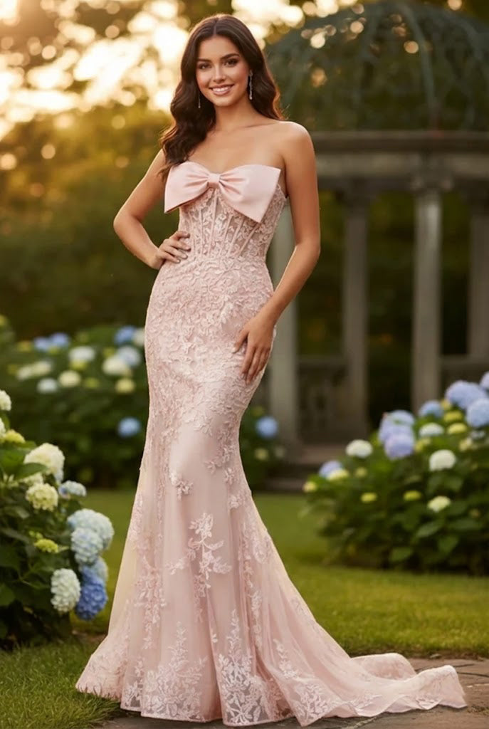 Strapless Lace Mermaid Prom Dress with Bow Detail & Corset Back | Sevoba