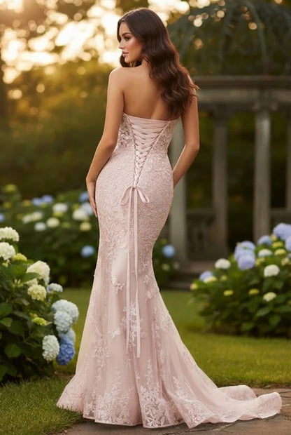 Strapless Lace Mermaid Prom Dress with Bow Detail & Corset Back | Sevoba