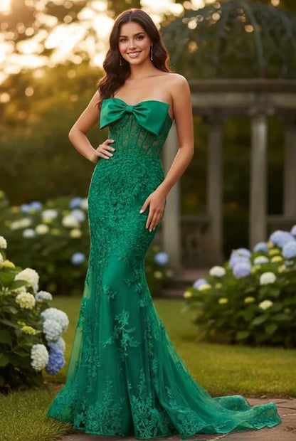 Strapless Lace Mermaid Prom Dress with Bow Detail & Corset Back | Sevoba