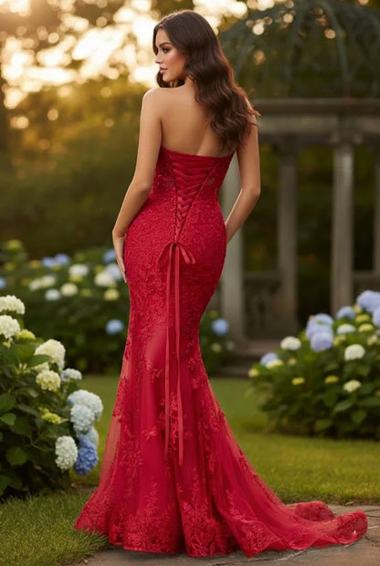 Strapless Lace Mermaid Prom Dress with Bow Detail & Corset Back | Sevoba