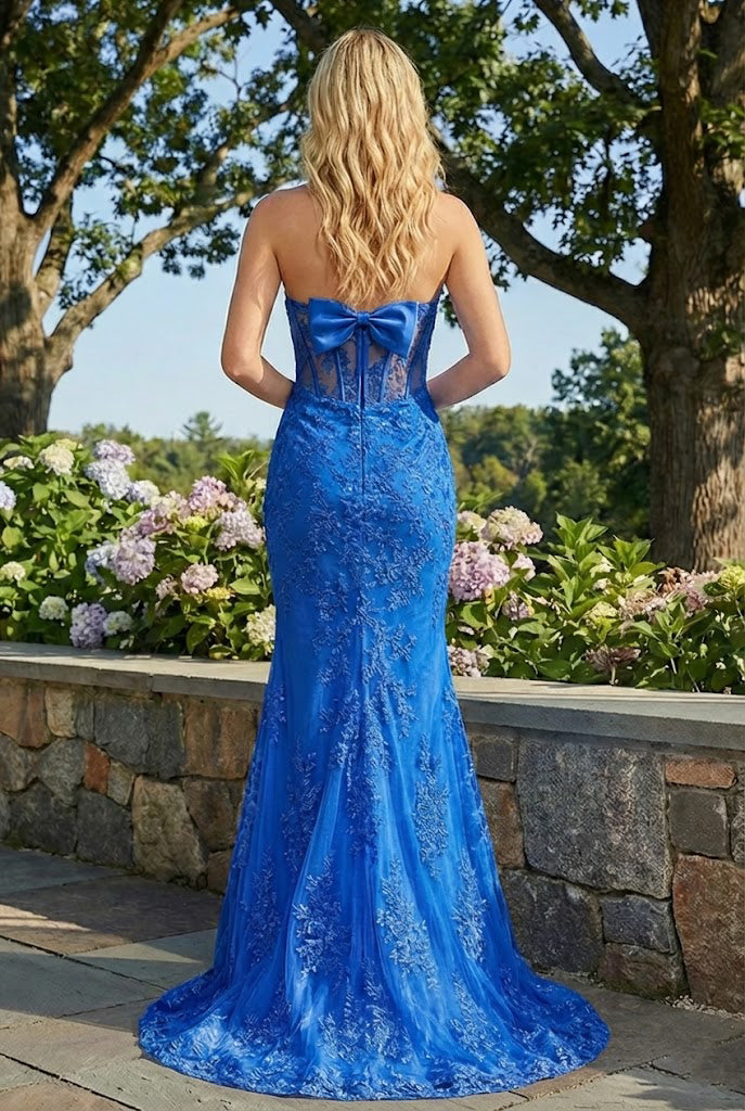 Strapless Lace Mermaid Prom Dress with Statement Bow | Sevoba