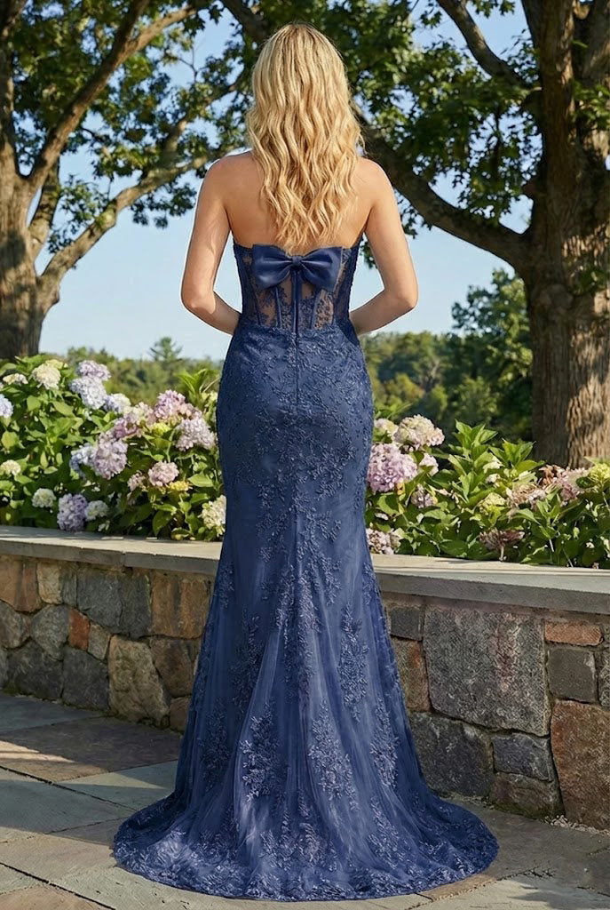 Strapless Lace Mermaid Prom Dress with Statement Bow | Sevoba