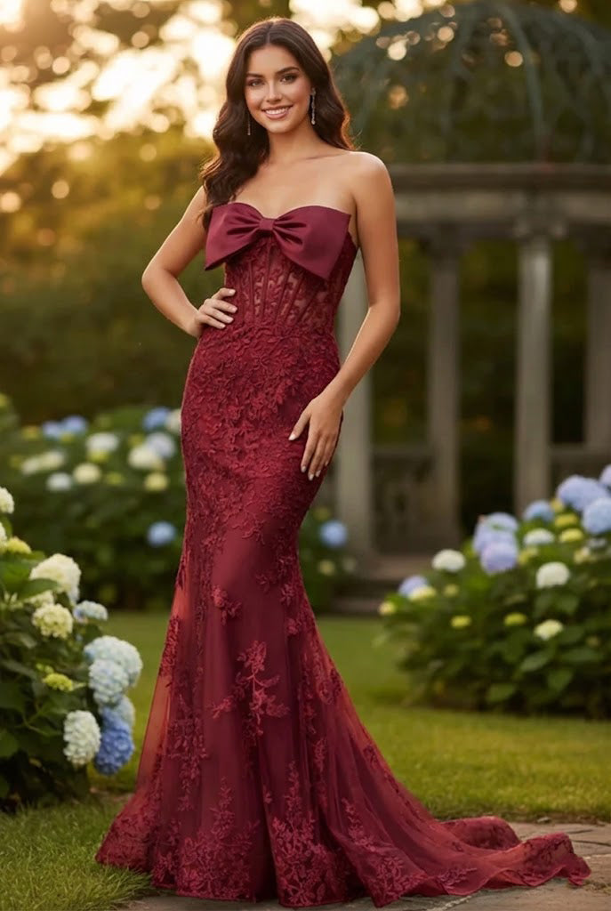 Strapless Lace Mermaid Prom Dress with Bow Detail & Corset Back | Sevoba
