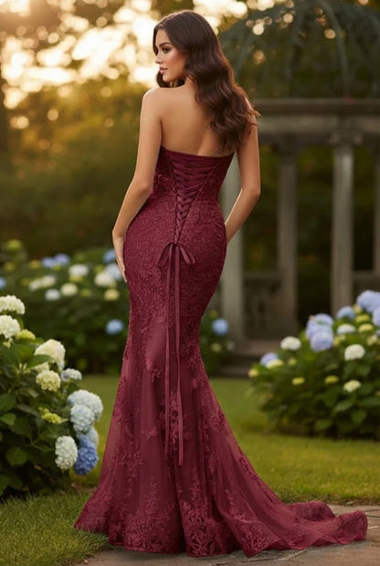 Strapless Lace Mermaid Prom Dress with Bow Detail & Corset Back | Sevoba