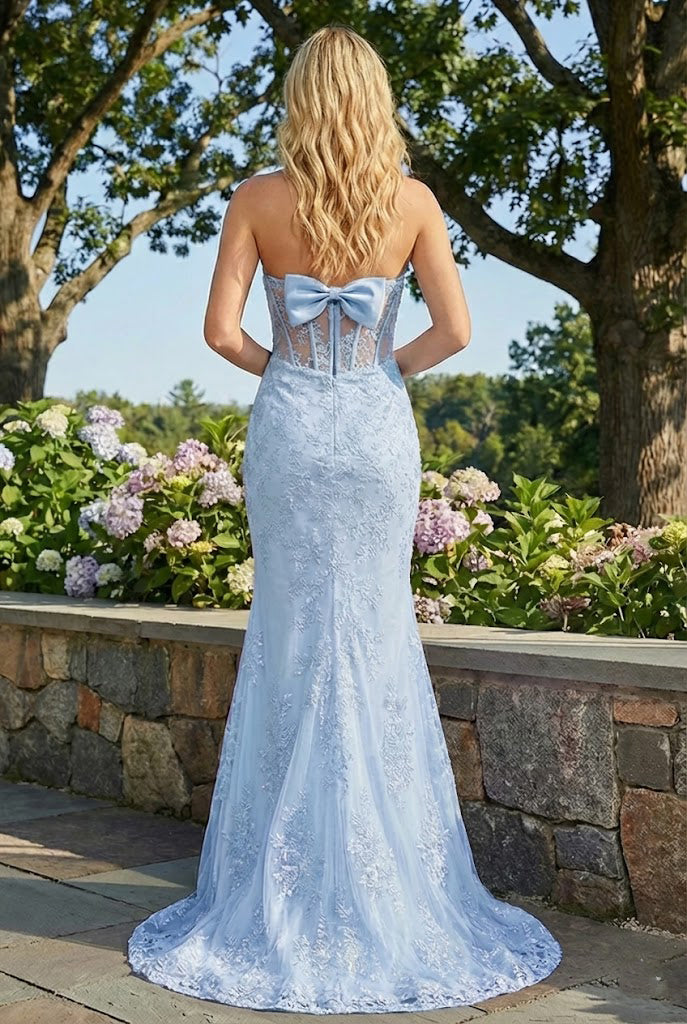 Strapless Lace Mermaid Prom Dress with Statement Bow | Sevoba
