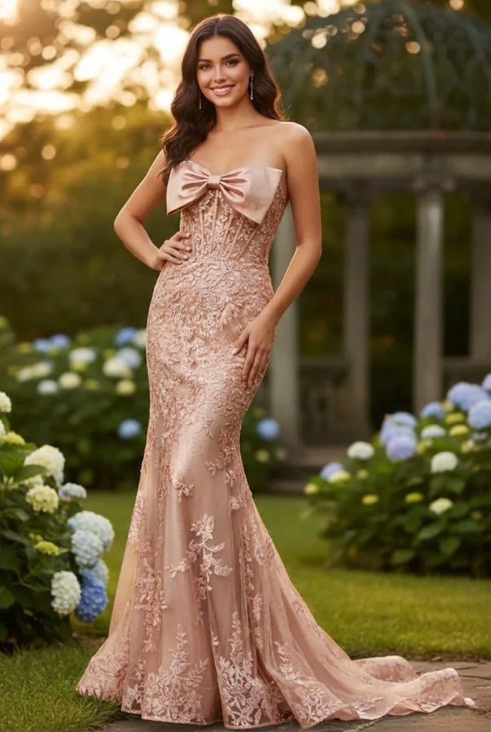 Strapless Lace Mermaid Prom Dress with Bow Detail & Corset Back | Sevoba