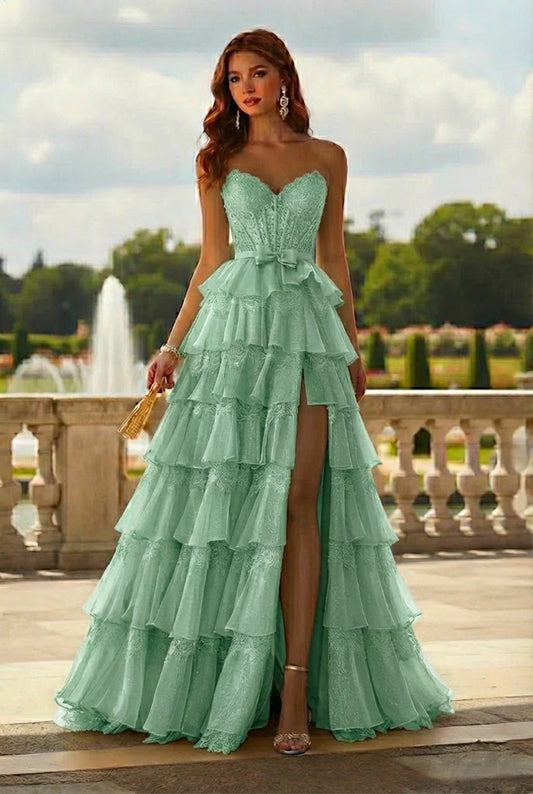 Strapless Lace Tiered Ruffle Prom Dress with Slit & Corset Back | Sevoba