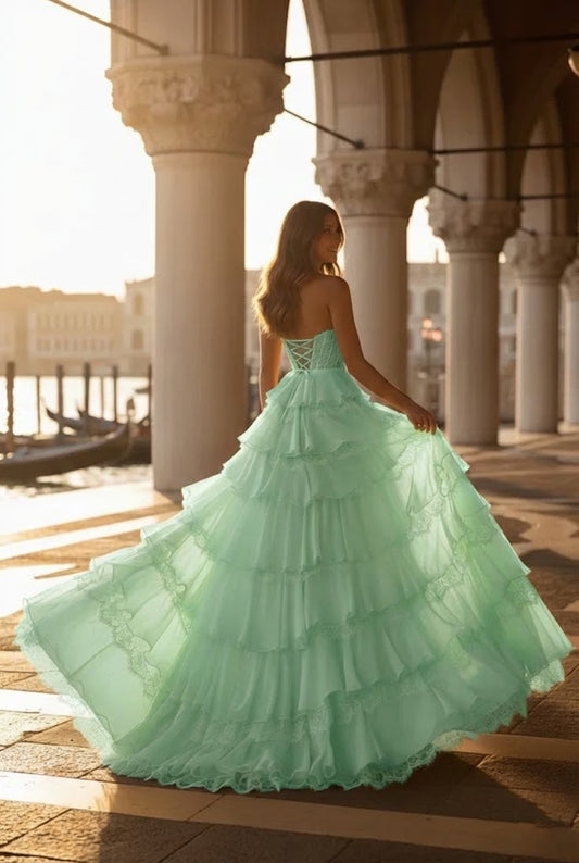 Strapless Lace Tiered Ruffle Prom Dress with Slit & Corset Back | Sevoba