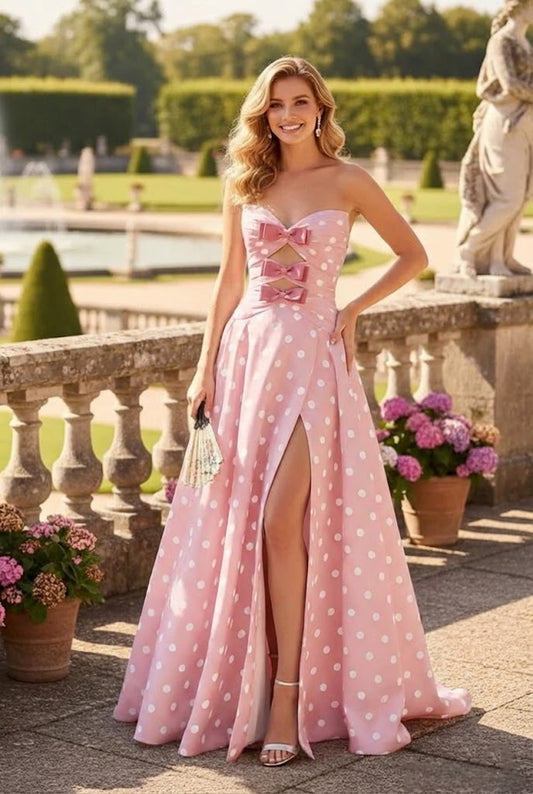 Strapless Polka Dot Bow Keyhole Corset A Line Prom Dress with Slit | Sevoba
