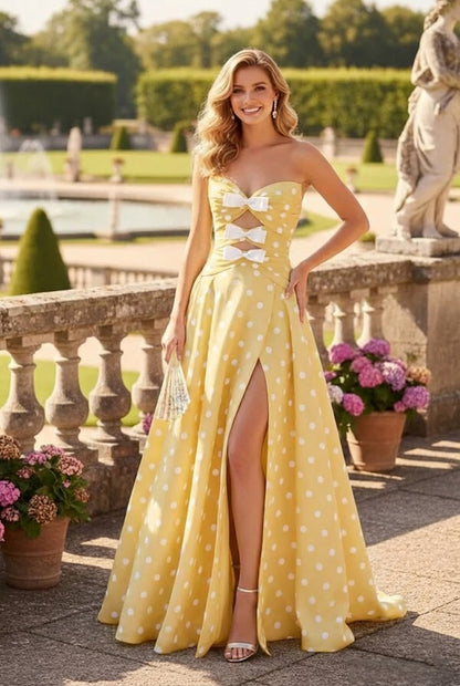 Strapless Polka Dot Bow Keyhole Corset A Line Prom Dress with Slit | Sevoba
