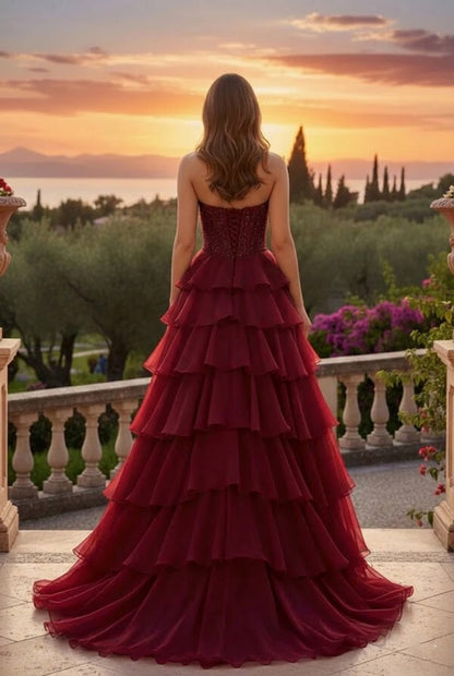 Strapless Corset Tiered A Line Prom Dress with Train | Sevoba