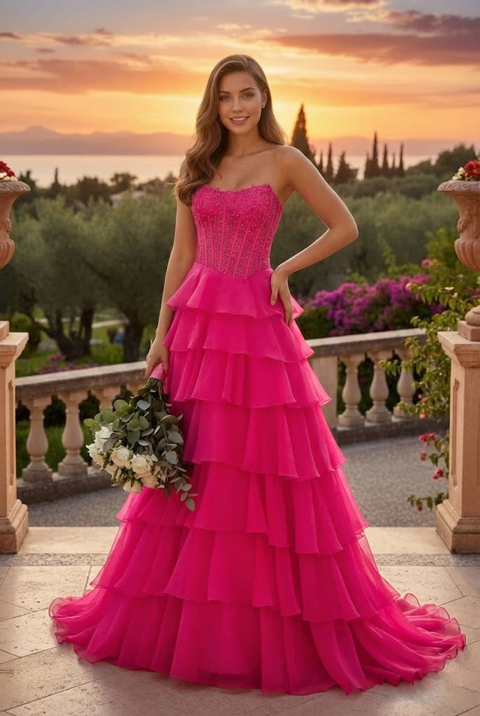 Strapless Corset Tiered A Line Prom Dress with Train | Sevoba