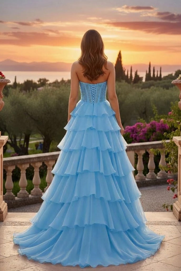 Strapless Corset Tiered A Line Prom Dress with Train | Sevoba