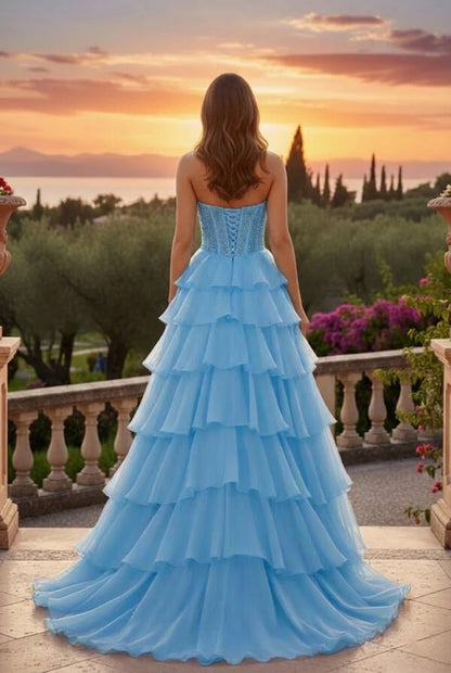 Strapless Corset Tiered A Line Prom Dress with Train | Sevoba