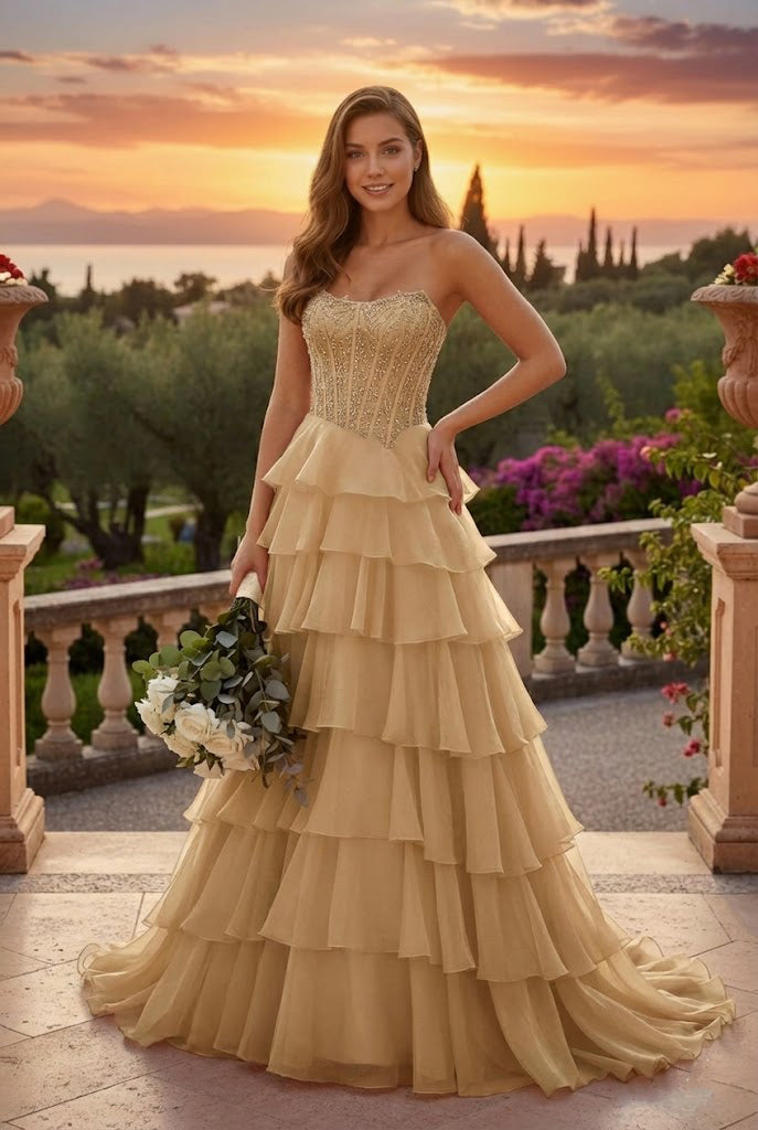 Strapless Corset Tiered A Line Prom Dress with Train | Sevoba