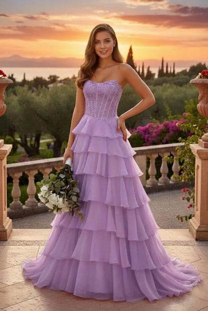 Strapless Corset Tiered A Line Prom Dress with Train | Sevoba