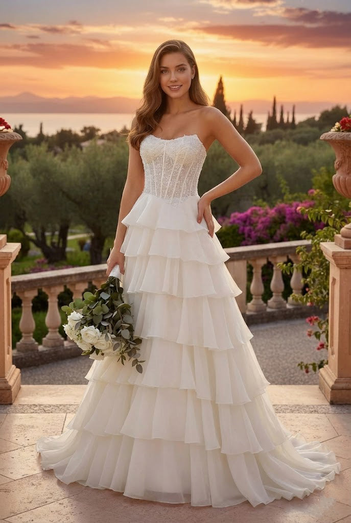 Strapless Corset Tiered A Line Prom Dress with Train | Sevoba