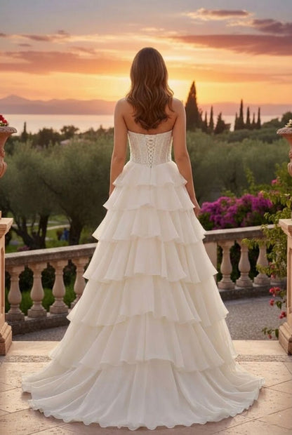 Strapless Corset Tiered A Line Prom Dress with Train | Sevoba