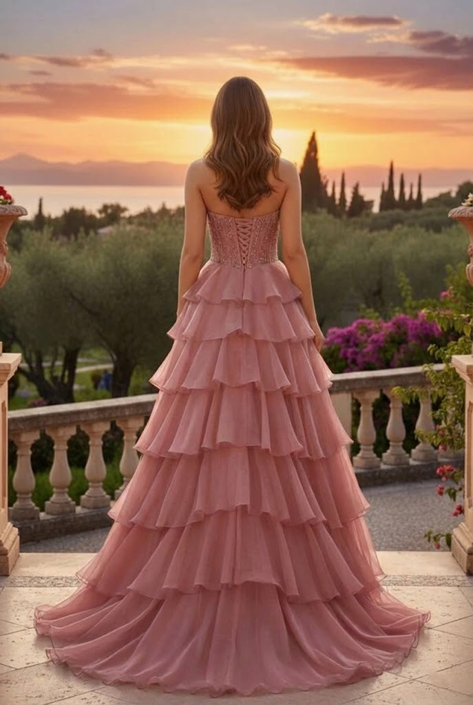 Strapless Corset Tiered A Line Prom Dress with Train | Sevoba