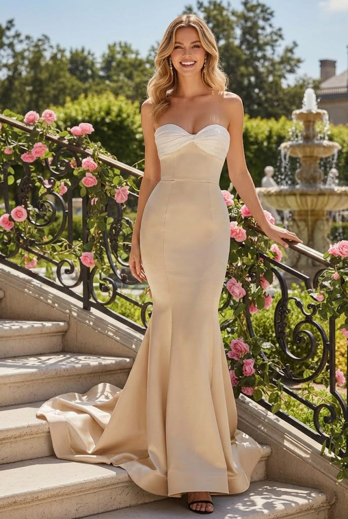Strapless Ruched Mermaid Prom Dress with Train | Sevoba