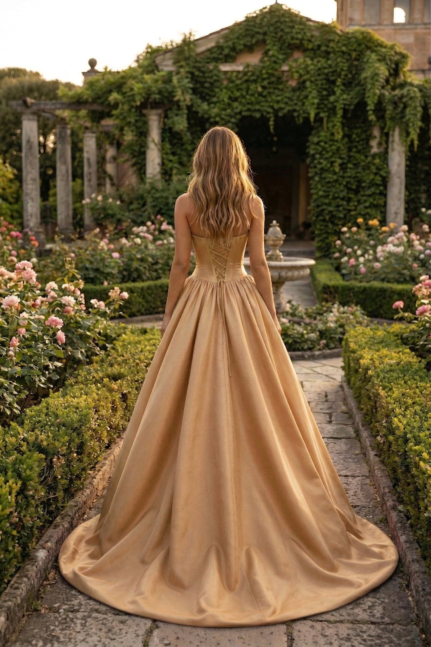 Strapless Satin Ball Gown Prom Dress with Oversized Rose Detail | Sevoba