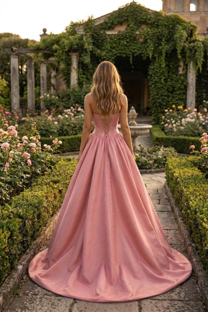 Strapless Satin Ball Gown Prom Dress with Oversized Rose Detail | Sevoba
