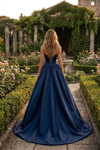 Strapless Satin Ball Gown Prom Dress with Oversized Rose Detail | Sevoba