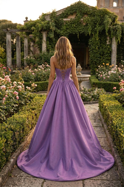 Strapless Satin Ball Gown Prom Dress with Oversized Rose Detail | Sevoba