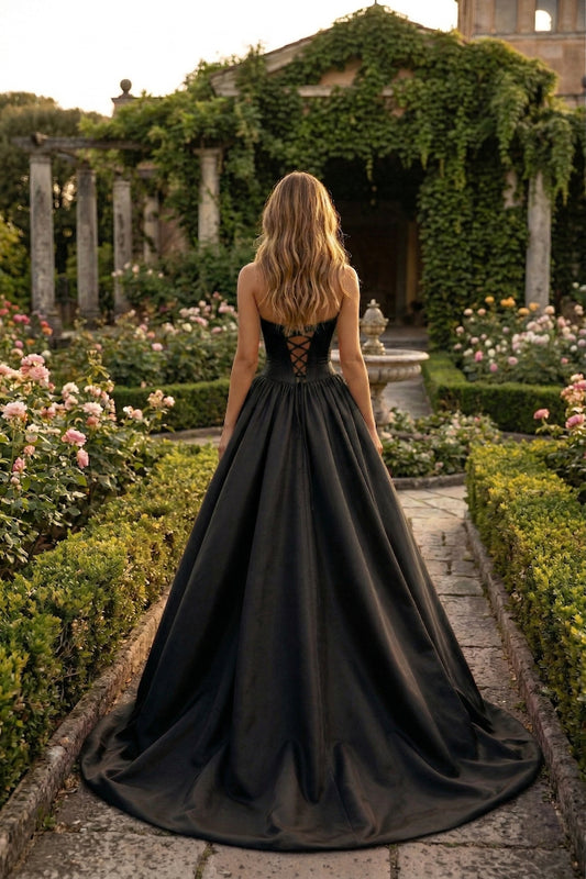 Strapless Satin Ball Gown Prom Dress with Oversized Rose Detail | Sevoba