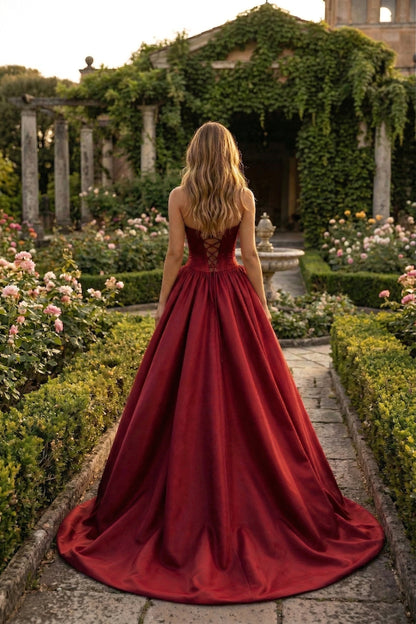 Strapless Satin Ball Gown Prom Dress with Oversized Rose Detail | Sevoba