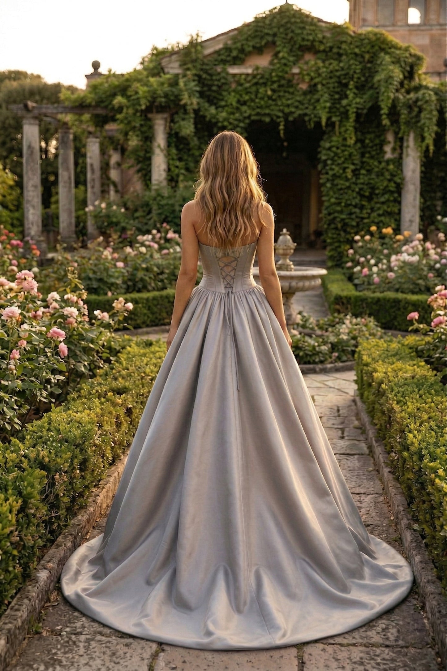 Strapless Satin Ball Gown Prom Dress with Oversized Rose Detail | Sevoba