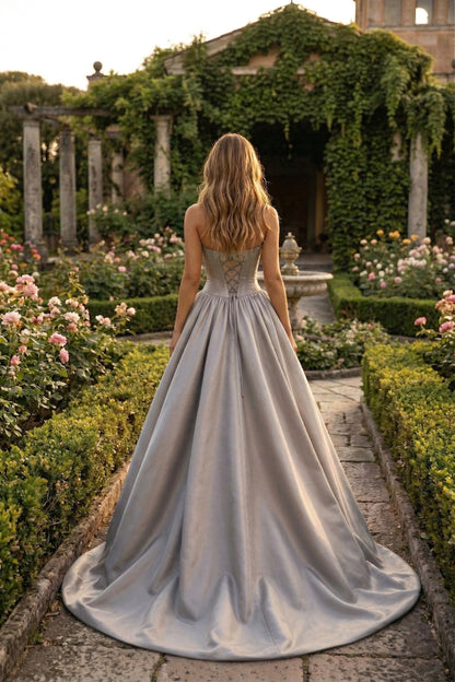 Strapless Satin Ball Gown Prom Dress with Oversized Rose Detail | Sevoba