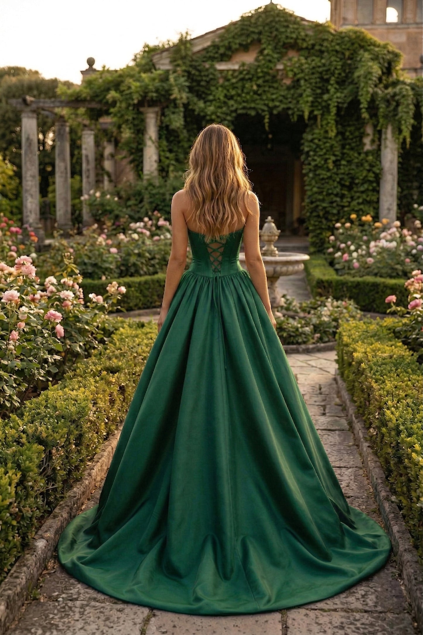 Strapless Satin Ball Gown Prom Dress with Oversized Rose Detail | Sevoba