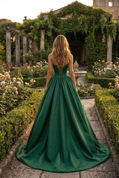 Strapless Satin Ball Gown Prom Dress with Oversized Rose Detail | Sevoba