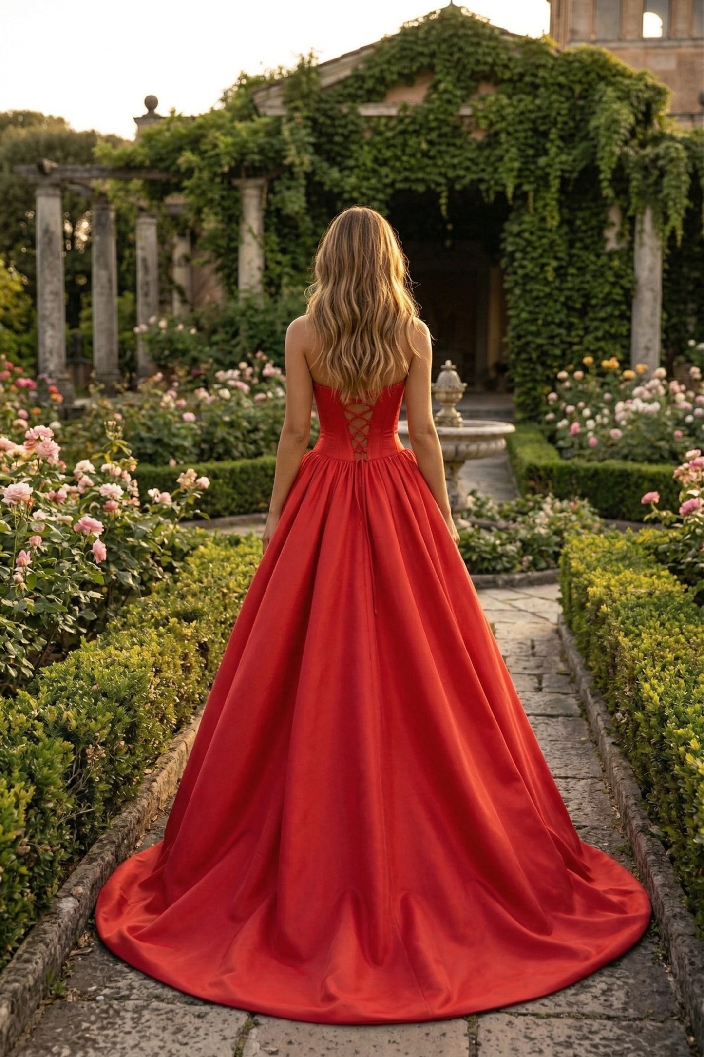 Strapless Satin Ball Gown Prom Dress with Oversized Rose Detail | Sevoba