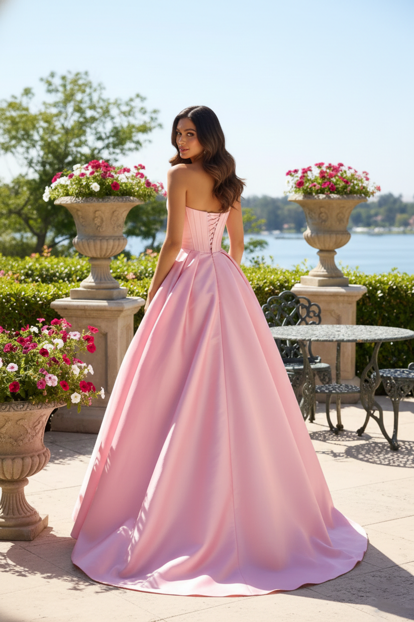 Strapless Satin Corset Ball Gown with Rose Detail | Sevoba
