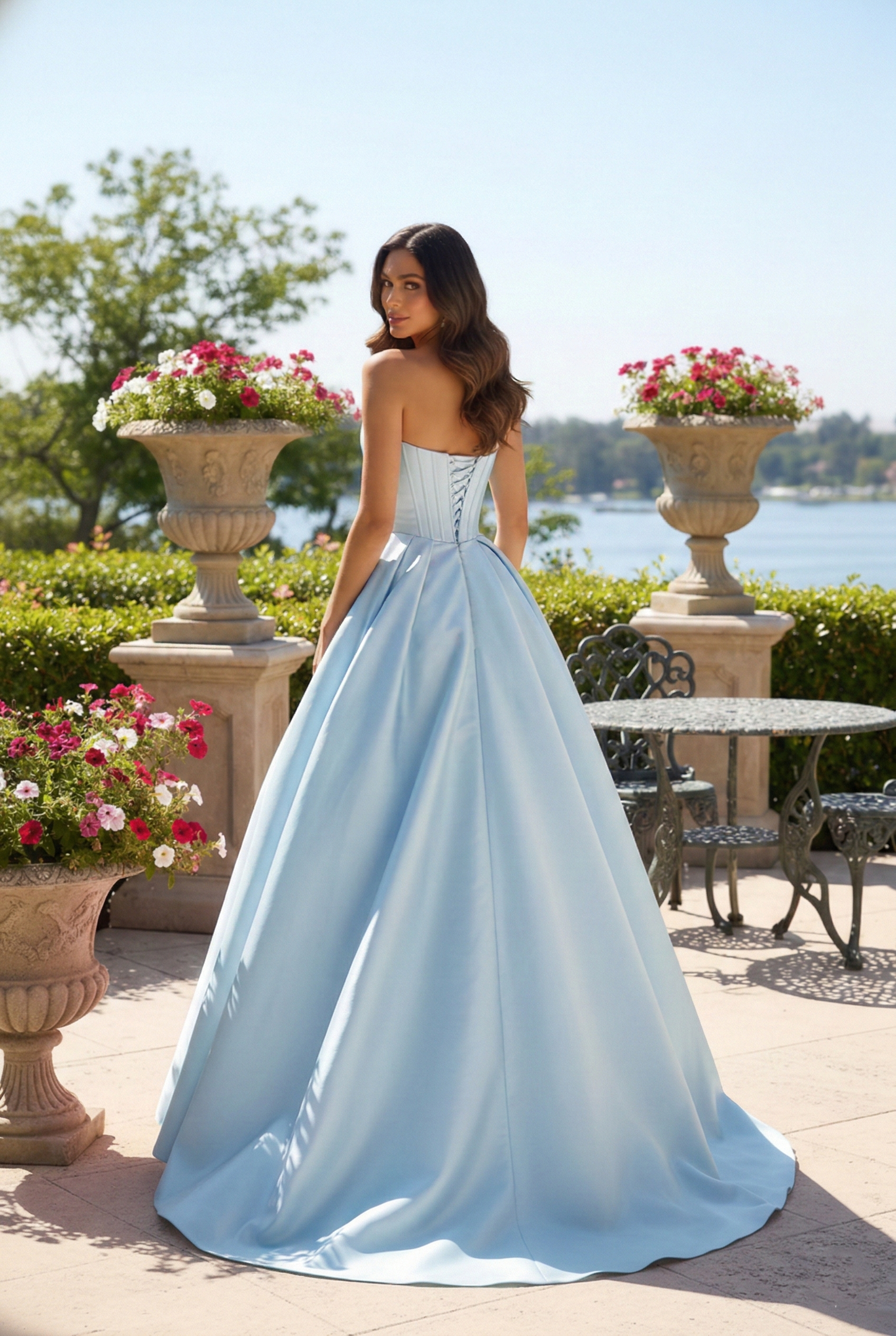 Strapless Satin Corset Ball Gown with Rose Detail | Sevoba