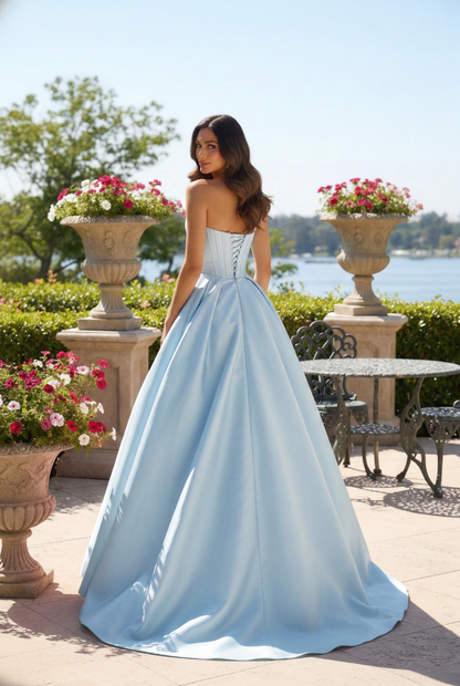 Strapless Satin Corset Ball Gown with Rose Detail | Sevoba
