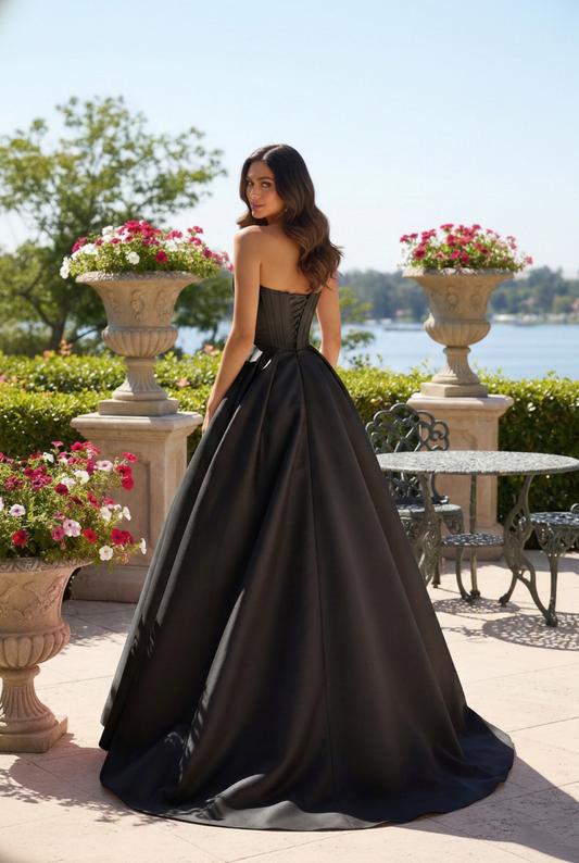 Strapless Satin Corset Ball Gown with Rose Detail | Sevoba