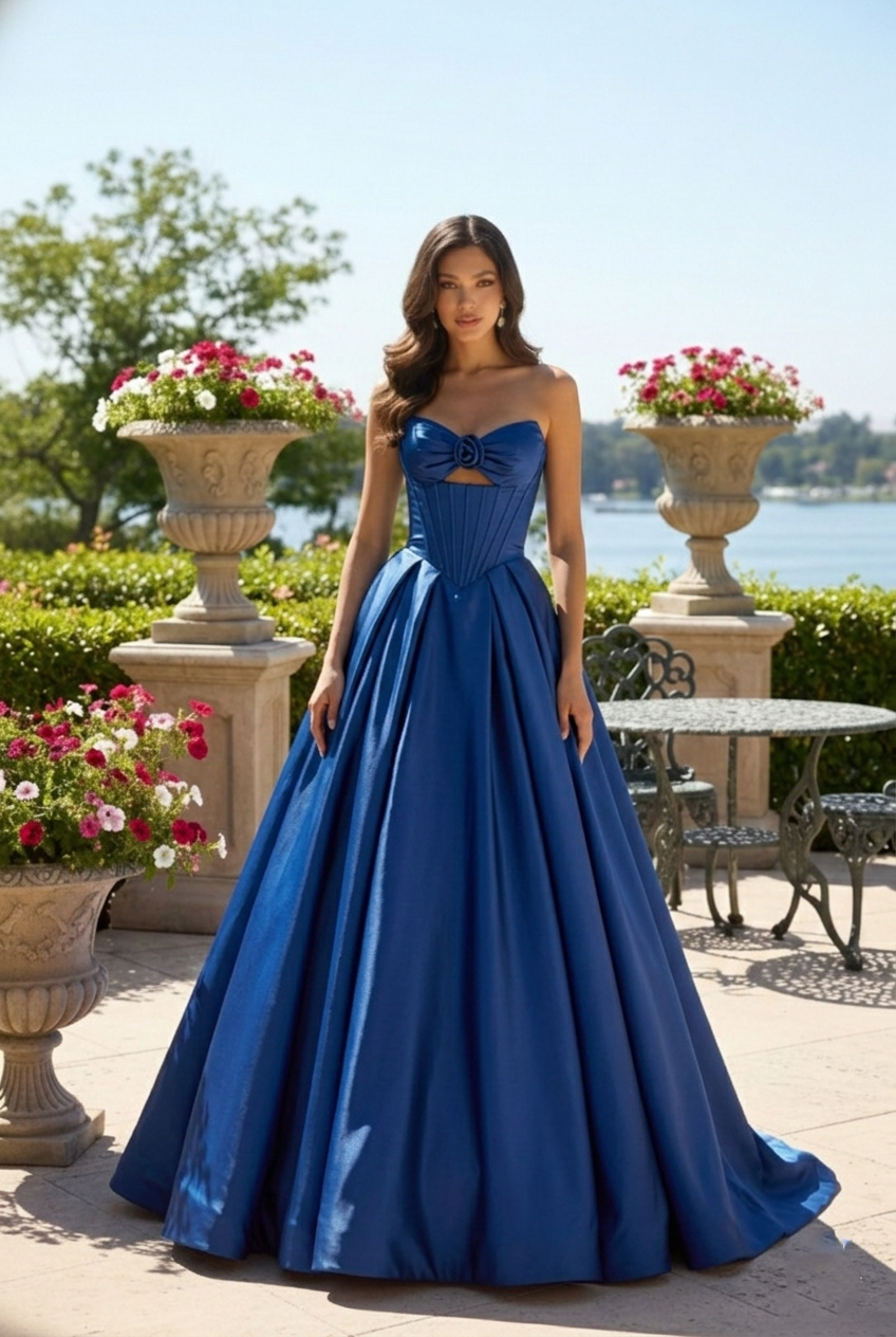 Strapless Satin Corset Ball Gown with Rose Detail | Sevoba