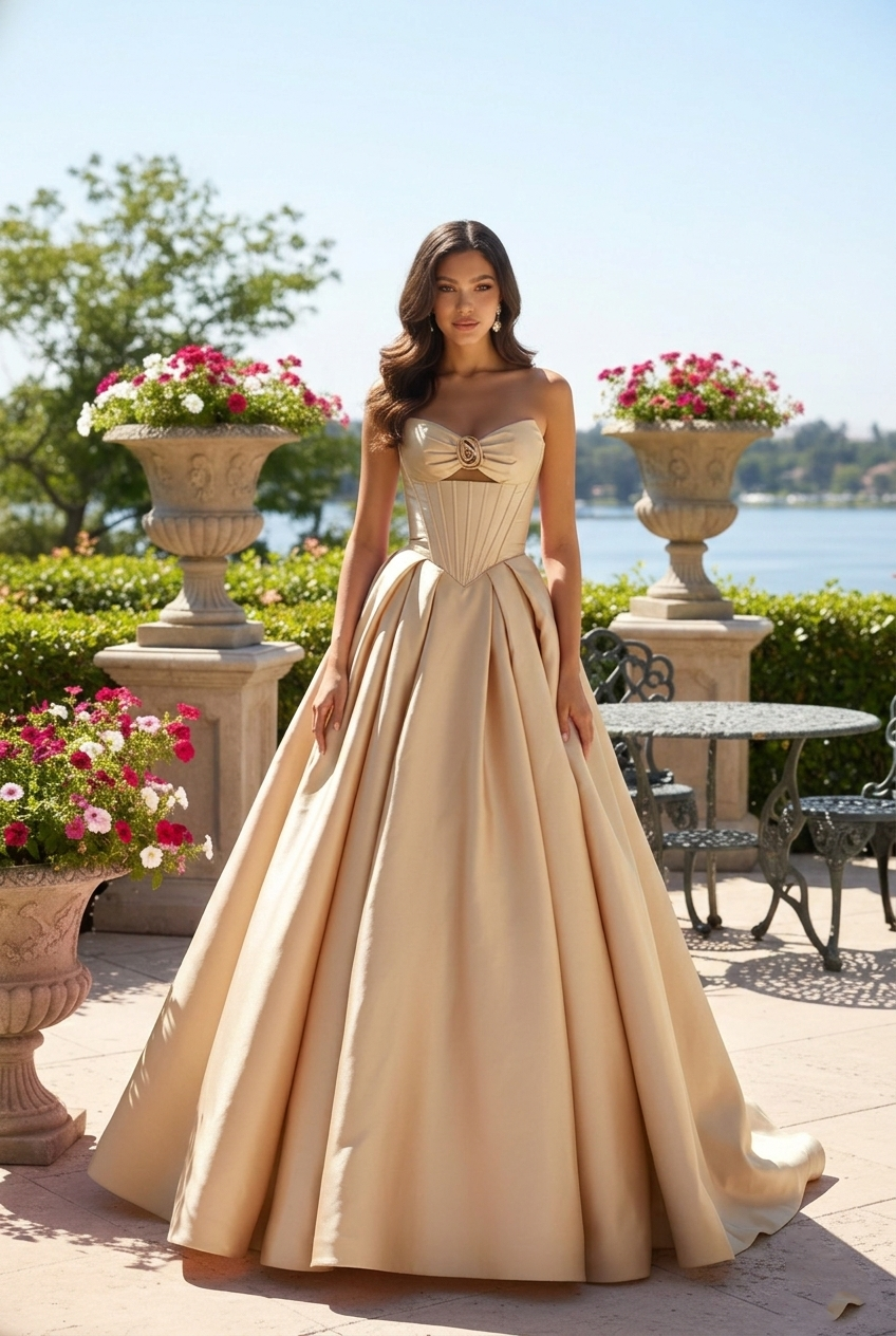 Strapless Satin Corset Ball Gown with Rose Detail | Sevoba