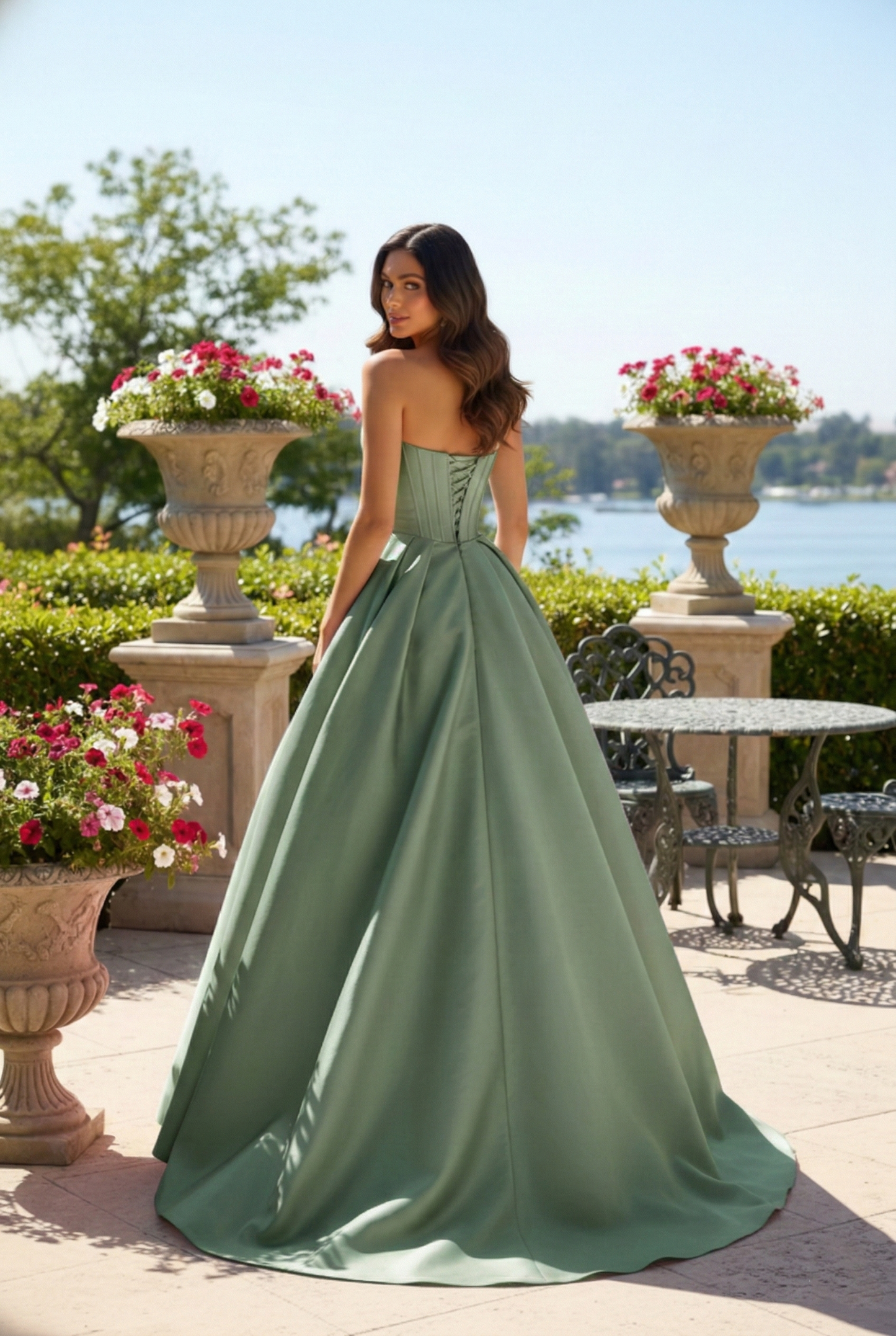 Strapless Satin Corset Ball Gown with Rose Detail | Sevoba