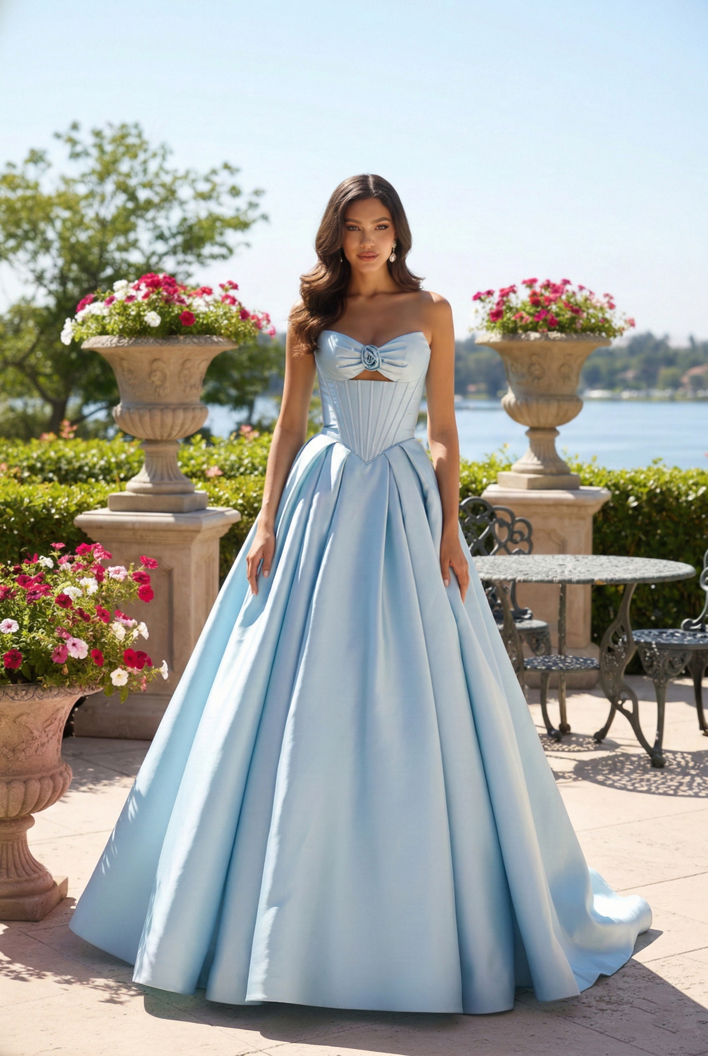 Strapless Satin Corset Ball Gown with Rose Detail | Sevoba