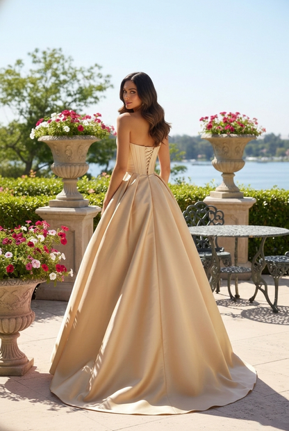 Strapless Satin Corset Ball Gown with Rose Detail | Sevoba